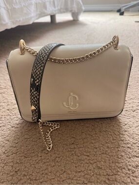 Jimmy Choo Cream Leather Shoulder Bag with Gold Chain and Snake-Print Strap
